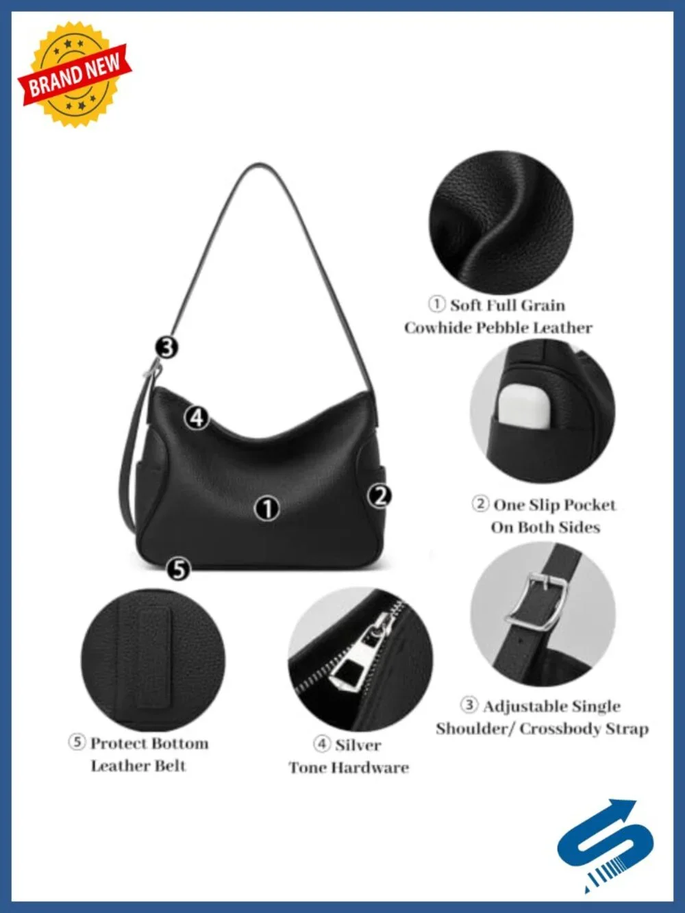 Genuine Leather Hobo Purse Women Soft Top Grained Shoulder Tote Adjustable Strap